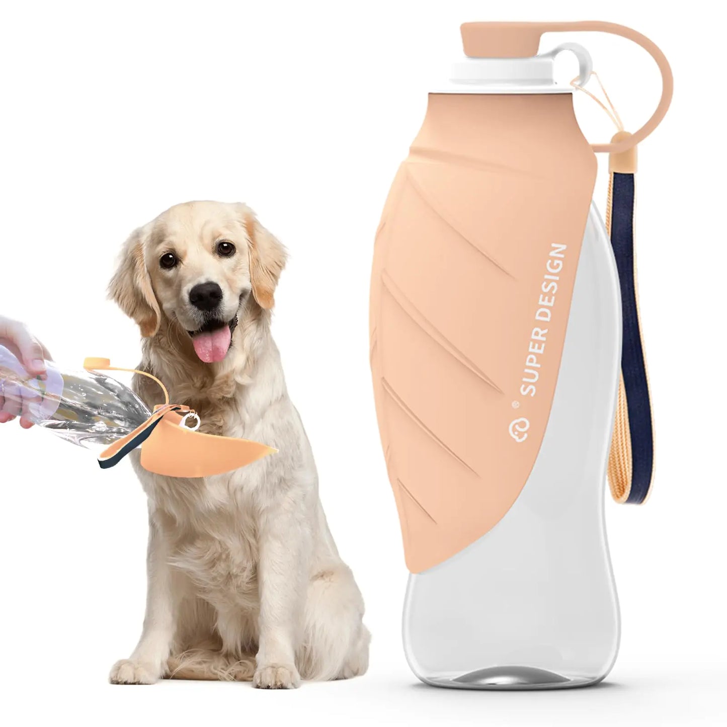 SUPERDESIGN Portable Dog Water Bottle β 19.6oz Leak-Proof Travel Bottle with Silicone Leaf Bowl (Pink)